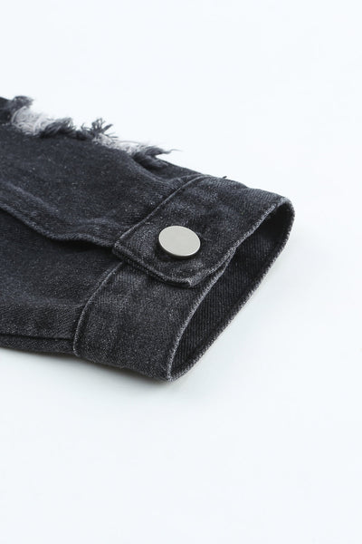 Women's Black Distressed Denim Jacket with Raw Hem and Lapel