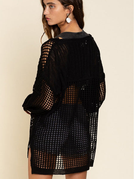 Sexy Black Crochet Fishnet Long Sleeve Beach Cover-Up