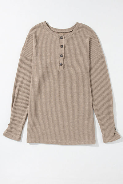 Women's Casual Pale Khaki Ribbed Long Sleeve Henley Top - Stylish Knit Shirt with Comfortable Fit for Everyday Wear