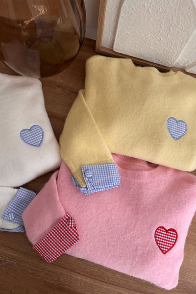 Women's Plaid Heart Embroidered Cuffed Crew Neck Sweater