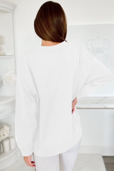 Women's White Graphic Sweatshirt with Drop Shoulders for Stylish Game Day Comfort and Effortless Casual Wear