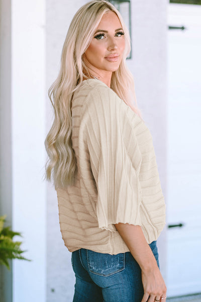Cozy Women's Apricot Ribbed Knit Dolman Sweater with Exposed Seams - Stylish Everyday Essential for Effortless Chic