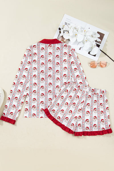 Women's Santa Print Ruffle Pajama Set with Notched Collar
