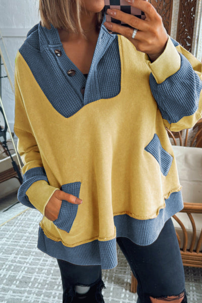 Plus Size Women's Banana Cream Waffle Hoodie with Contrast Patchwork and Convenient Pockets for Cozy Style