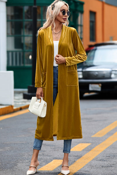 Stylish Women's Yellow Velvet Duster Coat with Pockets - Comfortable Open Front Design for Effortless Chic Looks