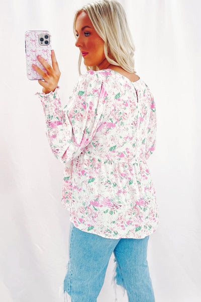 Women's Pink Floral Babydoll Blouse with Balloon Sleeves & Keyhole Back - Stylish, Comfortable Top for Everyday Wear