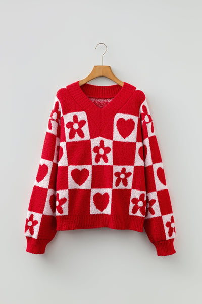 Women's Red Heart and Floral V-Neck Checkerboard Knit Sweater