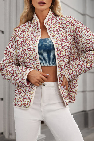 Women's Pink Floral Print Jacket with Contrast Edges, Stand Neck, and Pockets - Stylish & Functional Outerwear