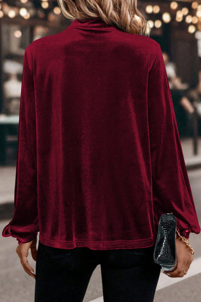 women's red dahlia velvet mock neck blouse with keyhole detail made for easy styling and wardrobe coordination, with premium-like structure and with