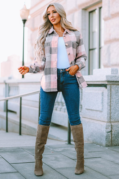 Women's Versatile Pink and Gray Plaid Color Block Long Sleeve Jacket with Pockets - Stylish Outerwear for Every Occasion