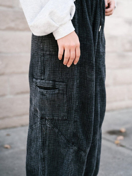 Edgy Black Mineral Wash Textured Wide Leg Drawstring Trousers