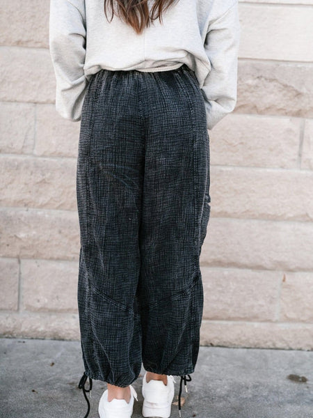 Edgy Black Mineral Wash Textured Wide Leg Drawstring Trousers