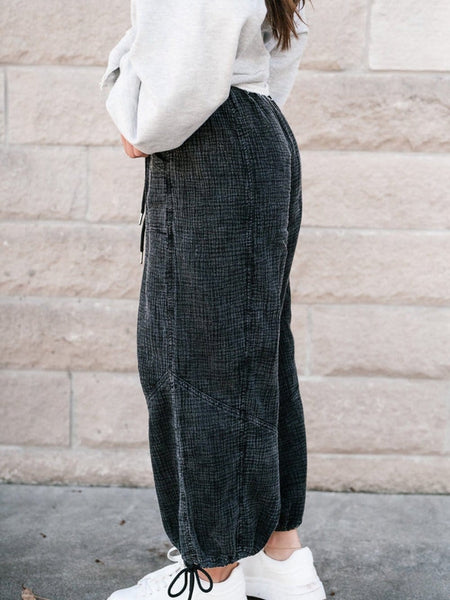 Edgy Black Mineral Wash Textured Wide Leg Drawstring Trousers