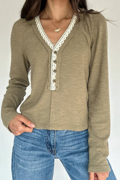 Sage Green Ribbed Knit Long Sleeve Pullover Top with Lace Trim and V-Neck for Women Stylish and Comfortable Fit
