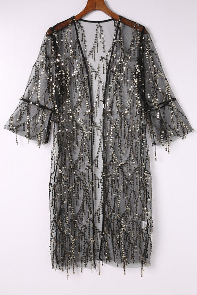 Women's Black Sequin Sheer Long Sleeve Open Front Kimono