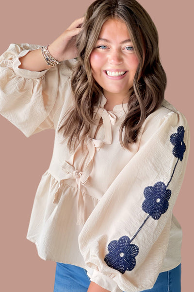 Plus Size Women's Apricot Floral Embroidered Babydoll Blouse with Puff Sleeves and Bow Tie Front Detail