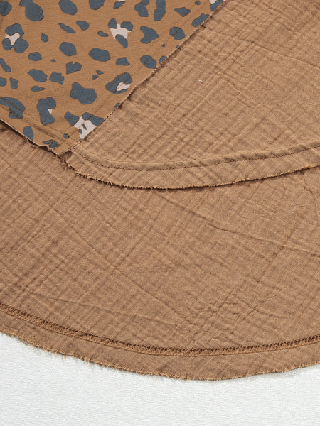 Leopard Patchwork Oversized Brown Blouse with Raw Hem