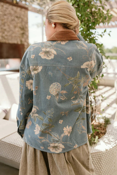 Trendy Women's Sky Blue Floral Denim Jacket with Contrast Corduroy Collar - Stylish Patchwork for Fashionable Looks made for easy styling and wardrobe