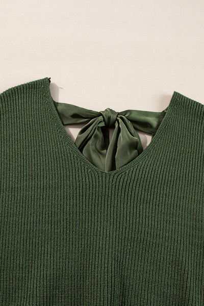 Women's Cozy Jungle Green V-Neck Sweater with Lantern Sleeves and Knot Back Detail - Perfect for Any Occasion