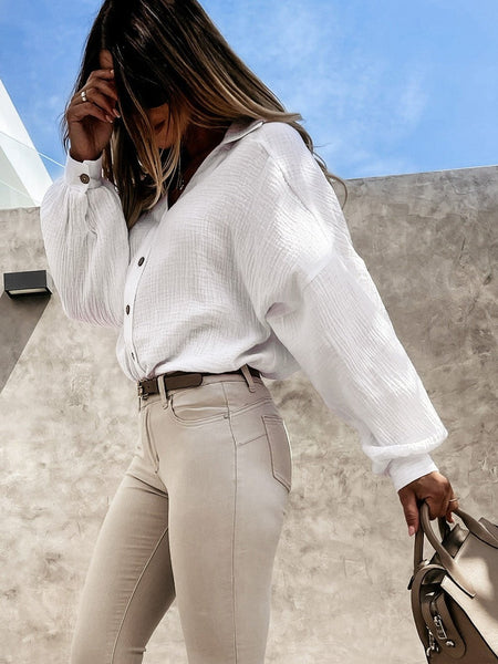 Cotton Linen Button Sleeve Blouse with Balloon Sleeves