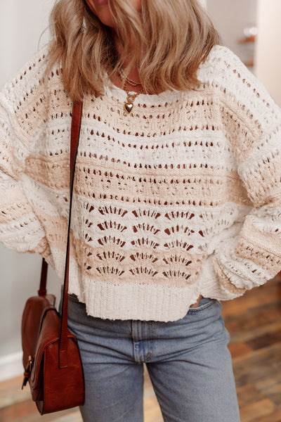 Women's Casual Pink Colorblock Sweater with Hollow-Out Design & Drop Shoulder - Effortless Chic for Everyday Wear