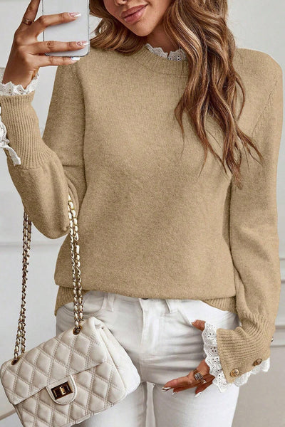 Light Beige Women's Lace Trim Patchwork Sweater with Buttoned Cuffs - Cozy Relaxed Fit for Effortless Style