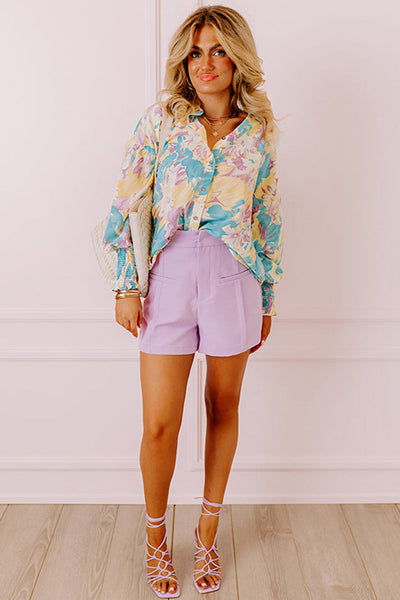Chic Women's Oversized Yellow Floral Shirt with Shirred Cuffs for Effortless, Relaxed Style and Comfort