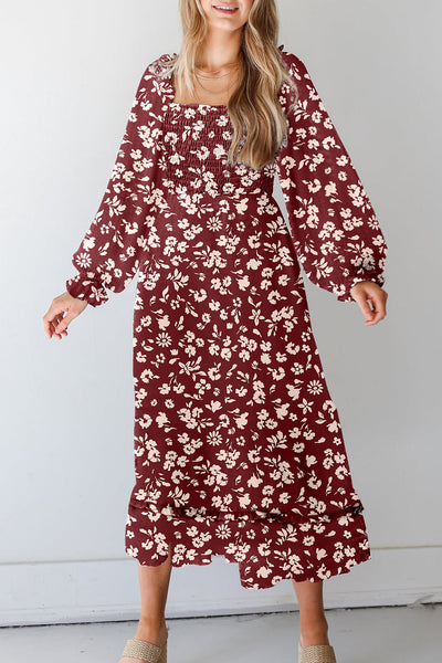 Women's Red Floral Smocked Maxi Dress with Square Neck