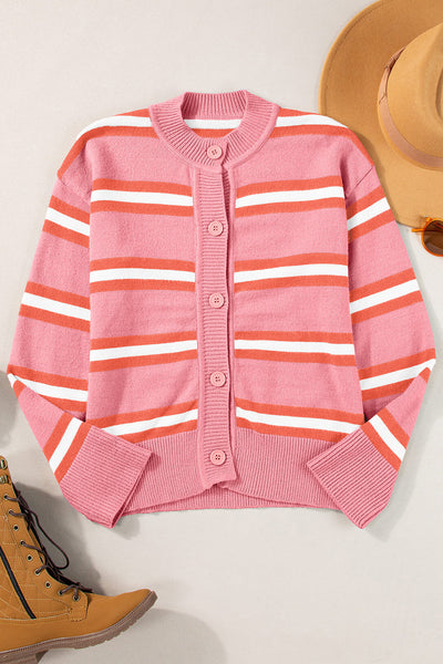 Women's Striped Pink Viscose Blend Drop Shoulder Cardigan