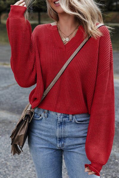 Stylish Red V-Neck Sweater for Women - Cozy Everyday Wear and Perfect for Seasonal Layering