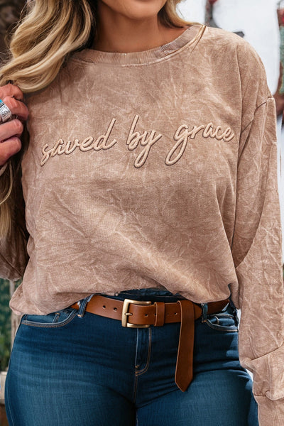 plus size women's cozy embroidered mineral wash sweatshirt in soft earth tones - dune saved by grace style made for easy styling and wardrobe with