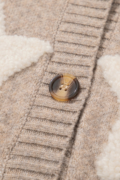 Chic Women's Khaki Sherpa Cardigan with Star Pattern & Pockets - Cozy Textured Sweater for Casual Style