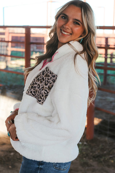 Snow Leopard Half-Zip Fleece Sweatshirt with Patch Pocket