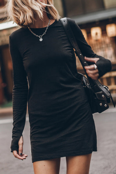 Women's Casual Black Mini T-Shirt Dress with Round Neck, Thumbhole Sleeves - Chic Everyday Style for Effortless Comfort