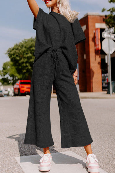 Chic Black Textured T-Shirt and Drawstring Pants Set for Women - Effortless Loose Fit Everyday Style