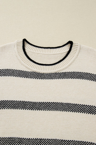 Cozy Plus Size Apricot Stripe Sweater for Women Stylish Crew Neck with Wide Sleeves & Drop Shoulders