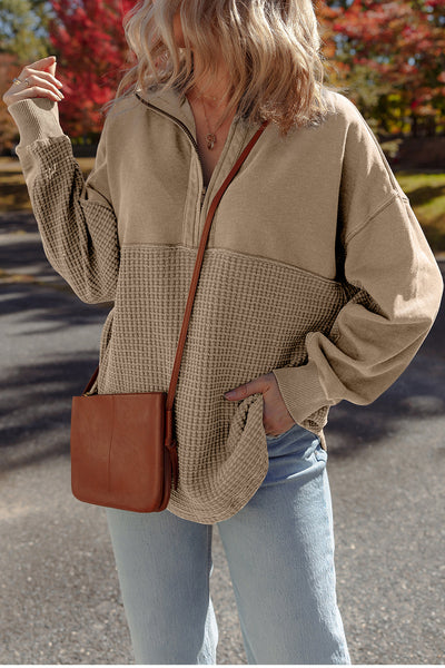 Women's Cozy Parchment Waffle Knit Half-Zip Sweatshirt - Stylish Patchwork Design for Effortless Casual Chic