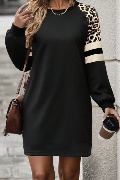 Trendy Women's Black Leopard Print Varsity Sweatshirt Dress with Raglan Sleeves - Stylish & Comfortable Casual Outfit