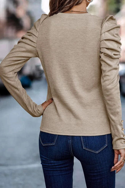 Stylish Women's Khaki Puff Sleeve Sheath Top with Button Detail - Comfortable Everyday Wear for Effortless Chic