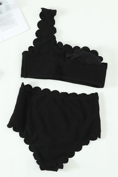 Scalloped One-Shoulder Black Bikini for Beach and Vacation