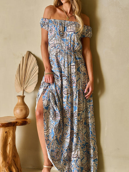 Printed V-Neck Off-Shoulder Short Sleeve Dress