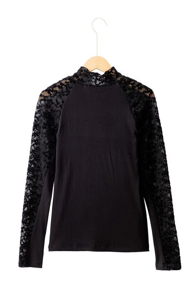 Chic Women's Black Floral Lace Long Sleeve Top - Slim Fit High Neck with Trendy Patchwork Design