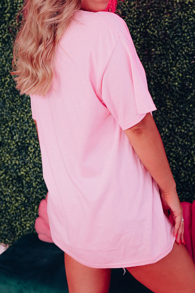 Women's Pink Sequin Patchwork Relaxed Graphic Tee