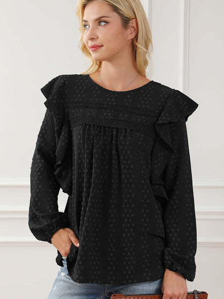 Elegant Black Lace Eyelet Ruffle Sleeve Blouse for Fall