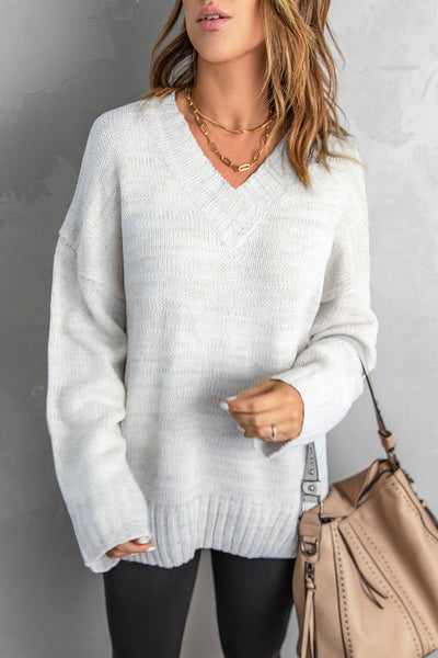 Chic Women's White V-Neck Drop Shoulder Sweater Cozy Knit for Effortless Style and All-Day Comfort