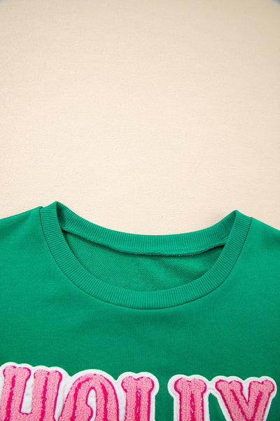 Women's Sea Green "Holly Jolly" Holiday Sweatshirt - Embroidered Towel Design, Cozy Comfort Fit for Festive Style