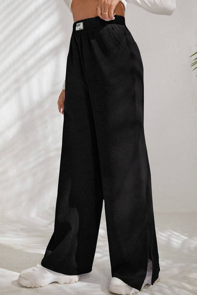 Trendy Women's Black Wide Leg Corduroy Pants with Split Hem - Comfortable Fit for Casual and Chic Style