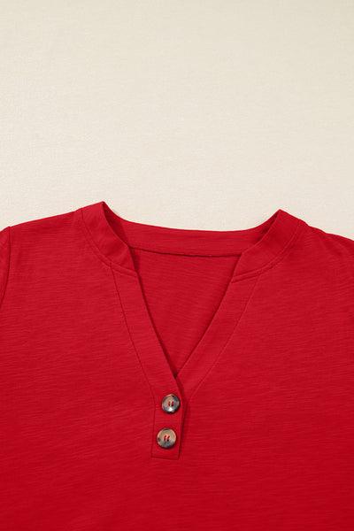 Women's Racing Red Button V-Neck Blouse with Relaxed Silhouette