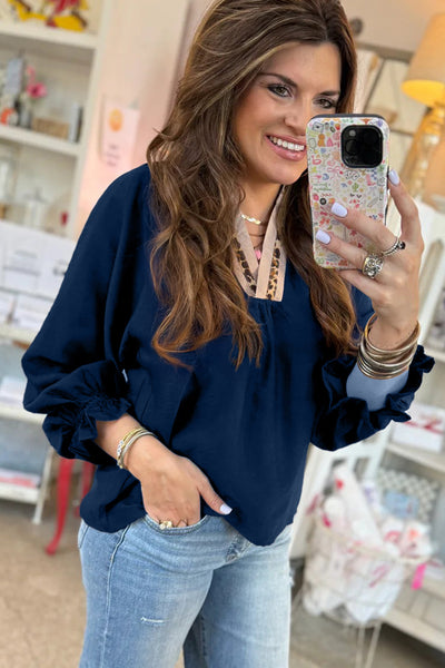 Women's Midnight Blue Leopard Trim V-Neck Flounce Sleeve Blouse