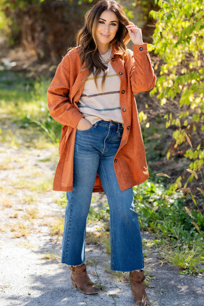 Chic Women's Oversized Gold Flame Corduroy Shacket with Side Slits - Trendy Layering Essential for Stylish Fall Outfits